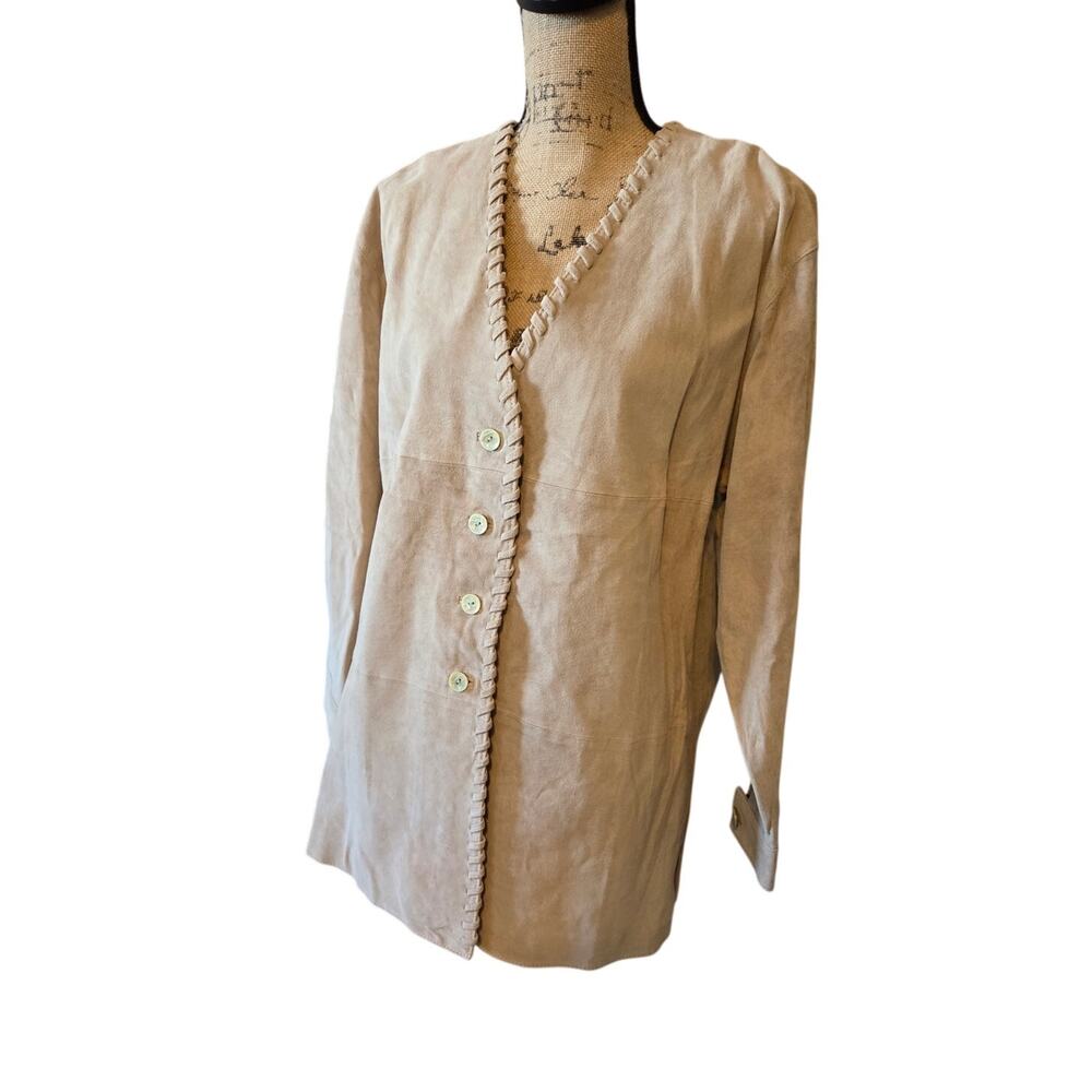 Apart vtg 100% suede leather button front tan jacket stitching long coat M